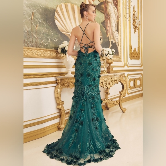 Emerald fitted beaded glitter floral sleeveless long open back dress - Picture 8 of 10